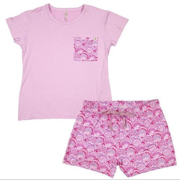 NWT Simply Southern Women’s‎ T-Shirt Shorts Pajama Set Purple Seashells XL - Picture 1 of 10